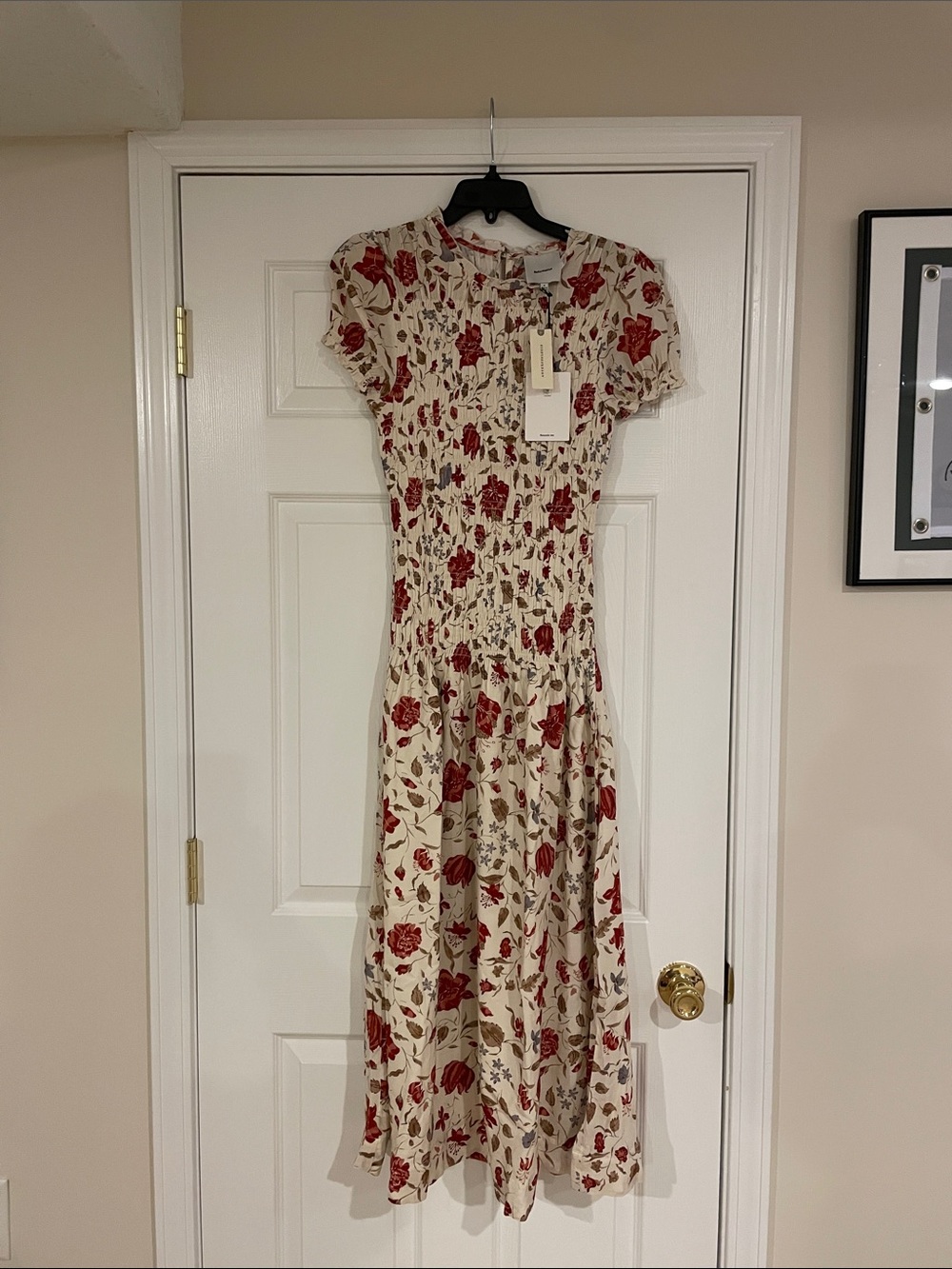 Reformation Cream Midi Dress with Red Floral Print